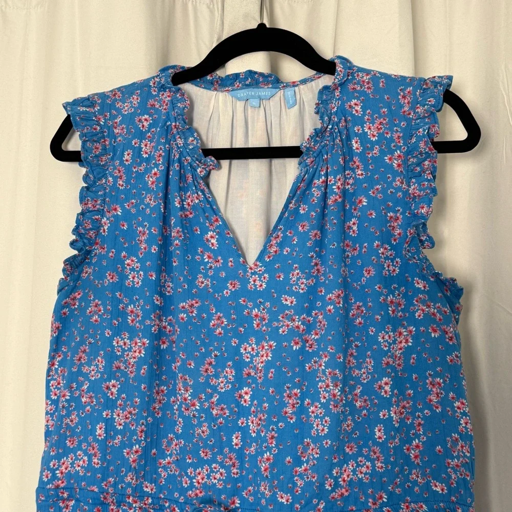 Draper James Lucinda Floral Dress Blue Pink Cotton Ruffle Hem V Neck Women’s L - Picture 5 of 13